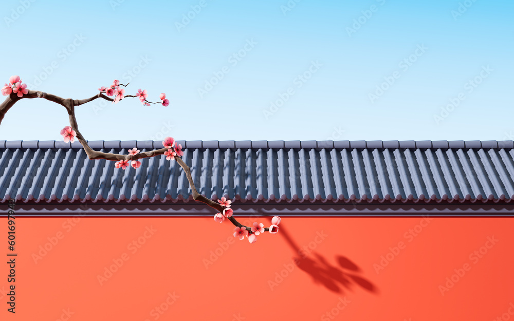 Plum blossom with Chinese ancient wall, 3d rendering.