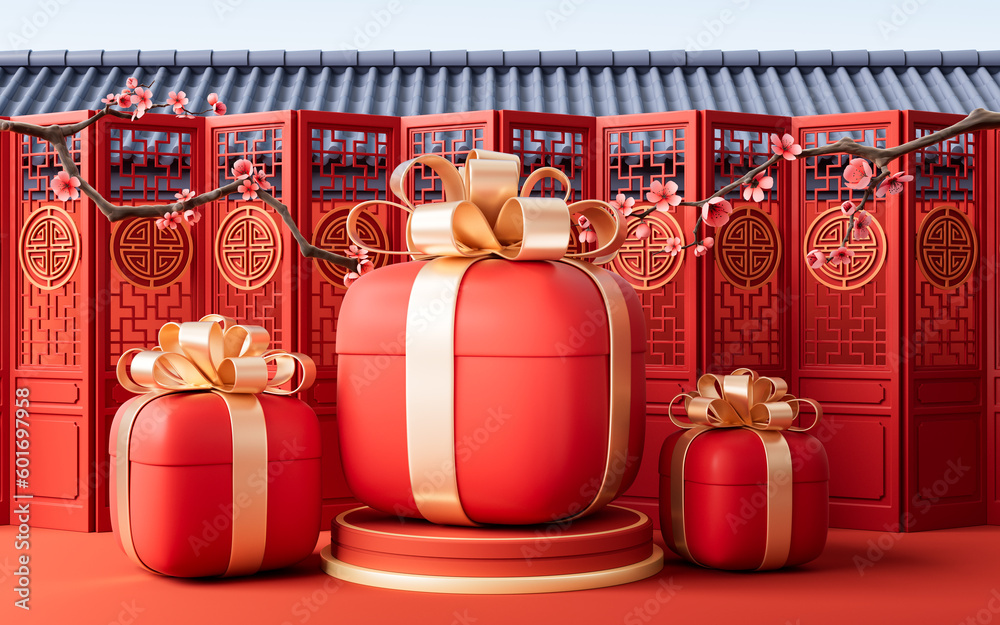 Gift box with Chinese ancient background, 3d rendering.