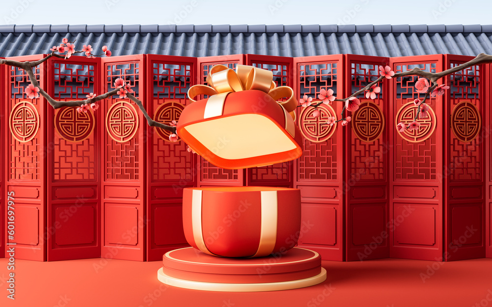 Gift box with Chinese ancient background, 3d rendering.