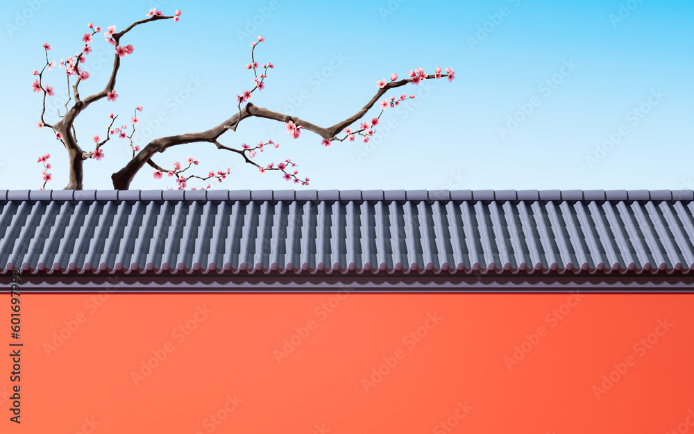 Plum blossom with Chinese ancient wall, 3d rendering.