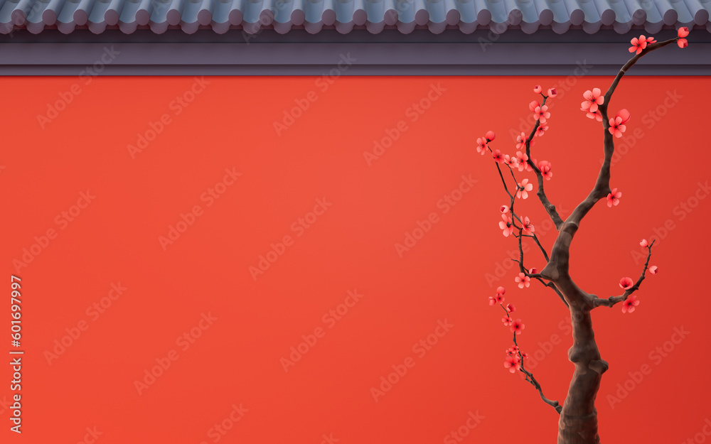 Plum blossom with Chinese ancient wall, 3d rendering.