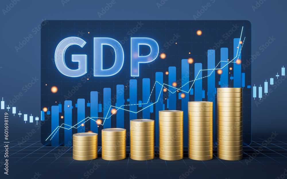 Growth of GDP with statistical graph, 3d rendering.