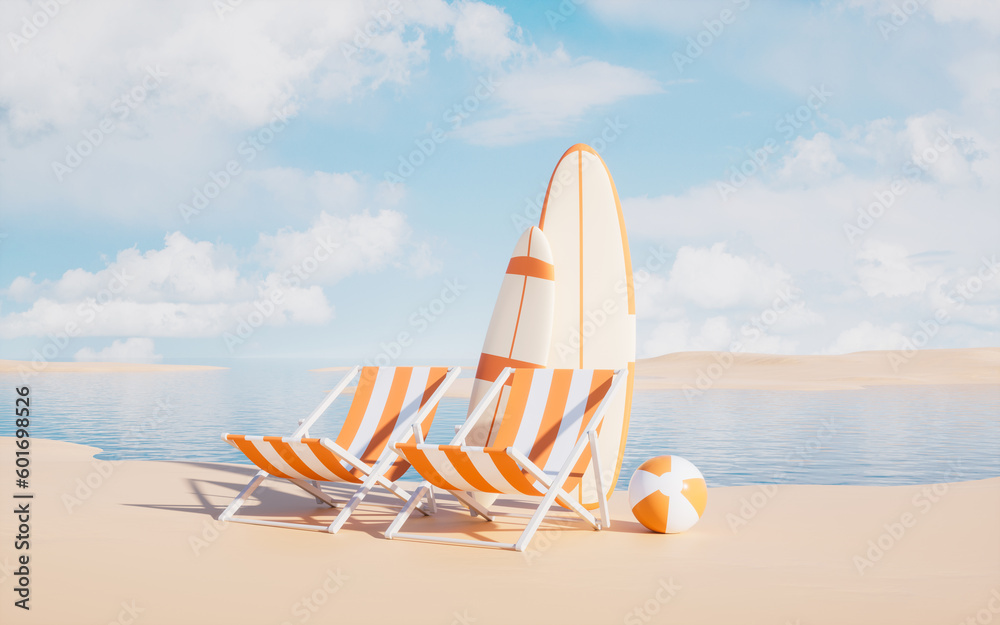 beach chair and surfboard, holidays and relaxation, 3d rendering.