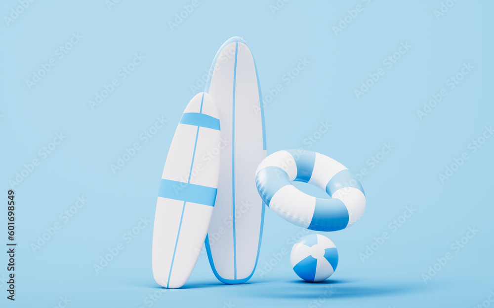 Surfboard and resort with cartoon style, 3d rendering.