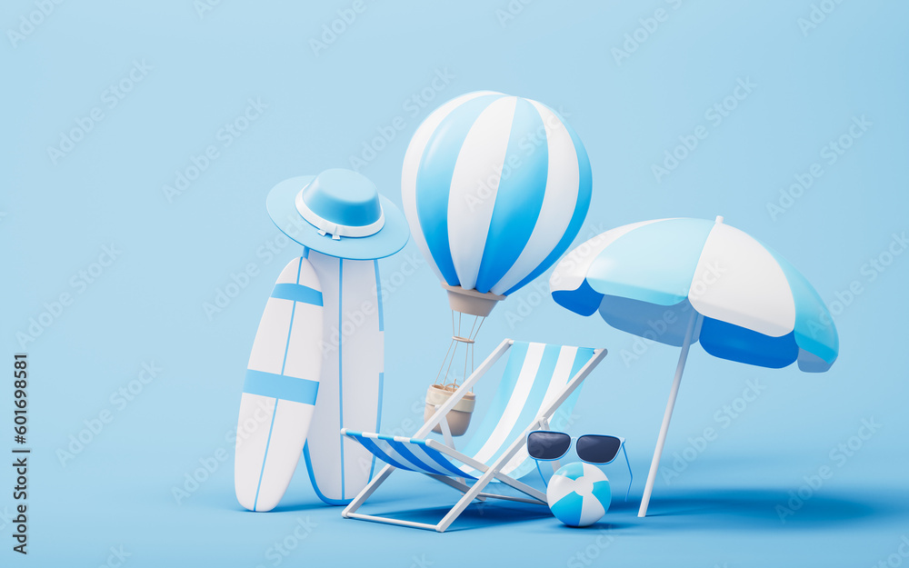 Surfboard and resort with cartoon style, 3d rendering.