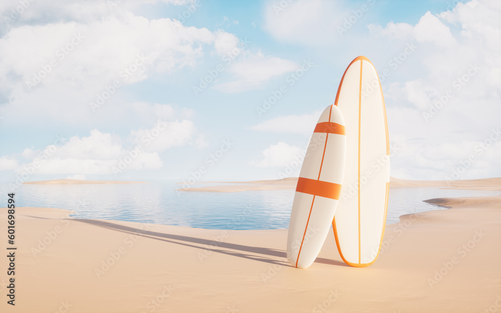 Surfboard at the beach, 3d rendering.