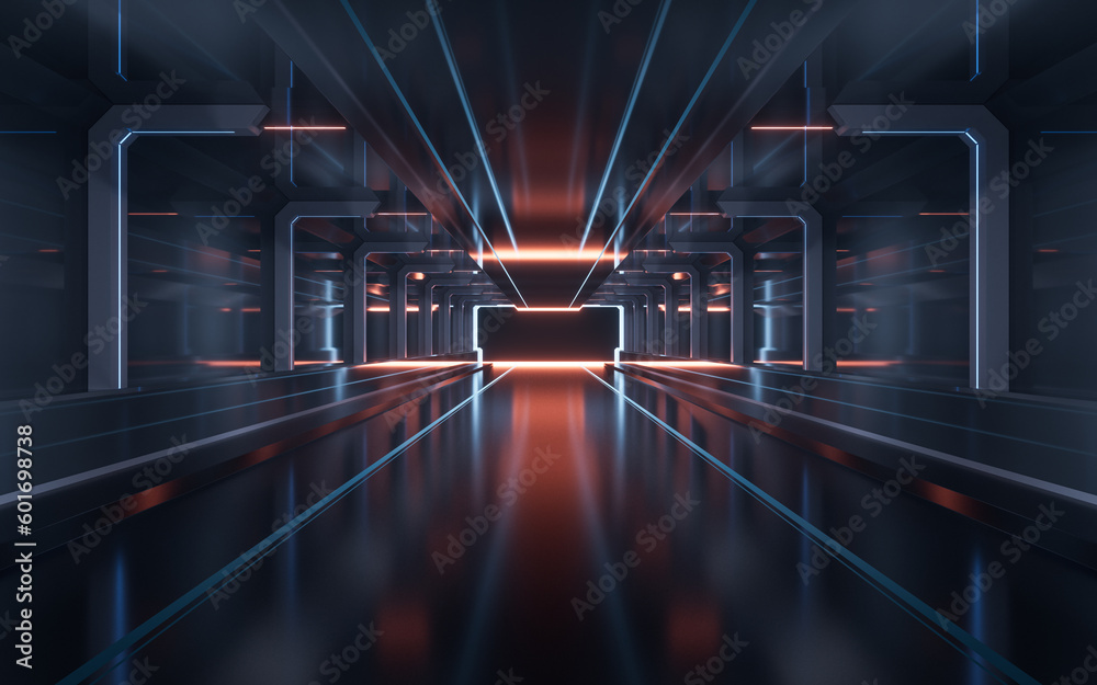 Dark tunnel with technology structure, 3d rendering.