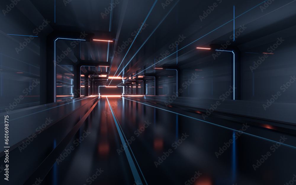 Dark tunnel with technology structure, 3d rendering.