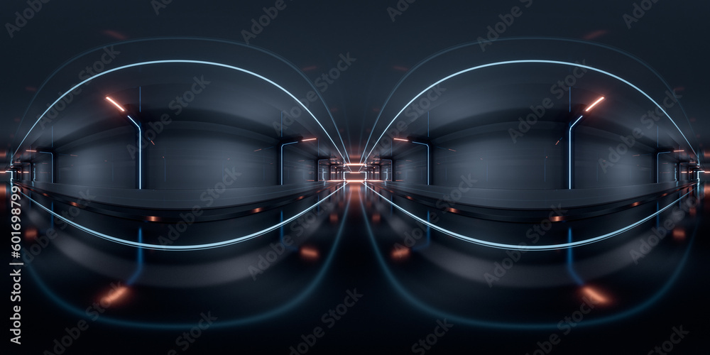 Dark tunnel with 360-degree seamless panoramic view. 3d rendering.