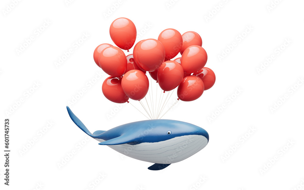 Whale with balloons, 3d rendering.