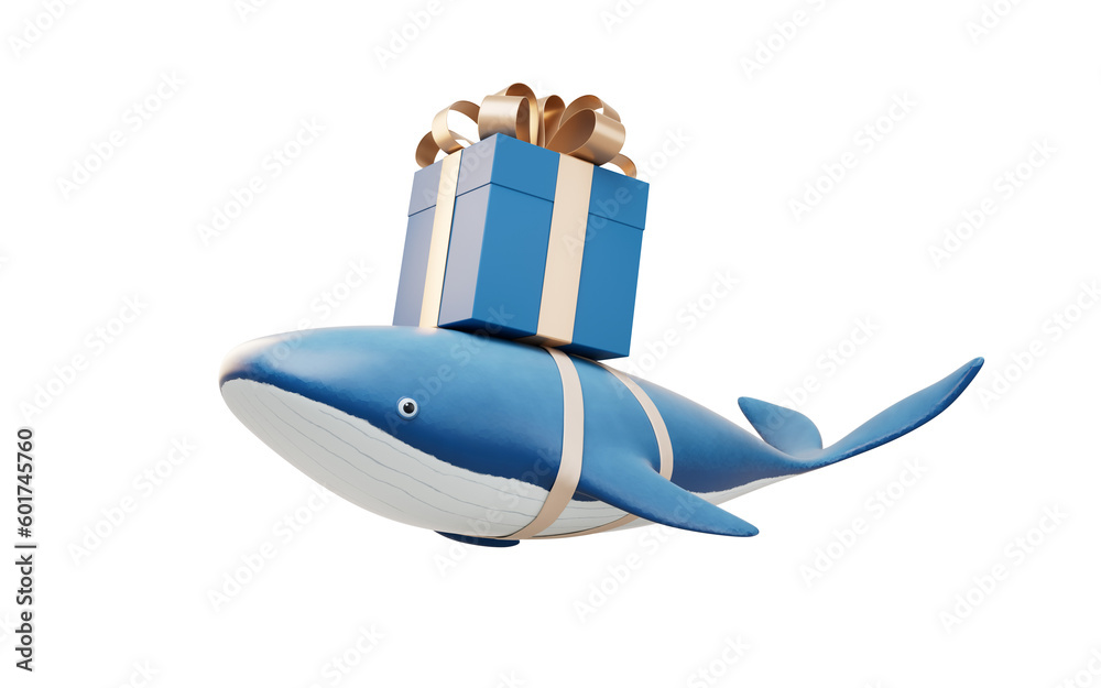 Whale and gift box, 3d rendering.