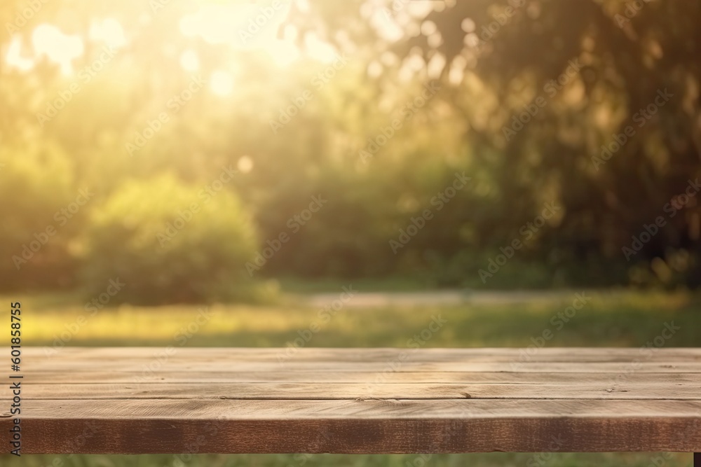 an outdoor wooden table in a park surrounded by trees and greenery Generative AI