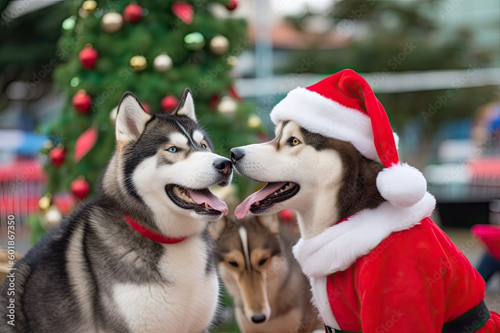 two festive husky dogs sitting in front of a decorated Christmas tree wearing Santa hats Generative 