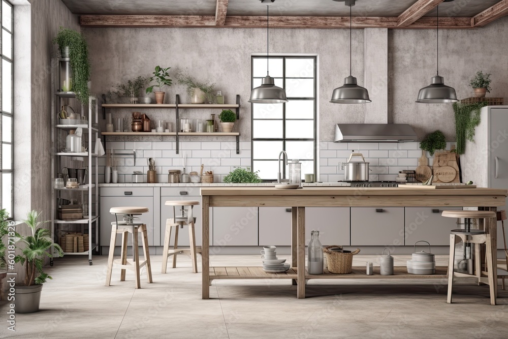 cozy kitchen with a rustic wooden table and lush potted plants Generative AI