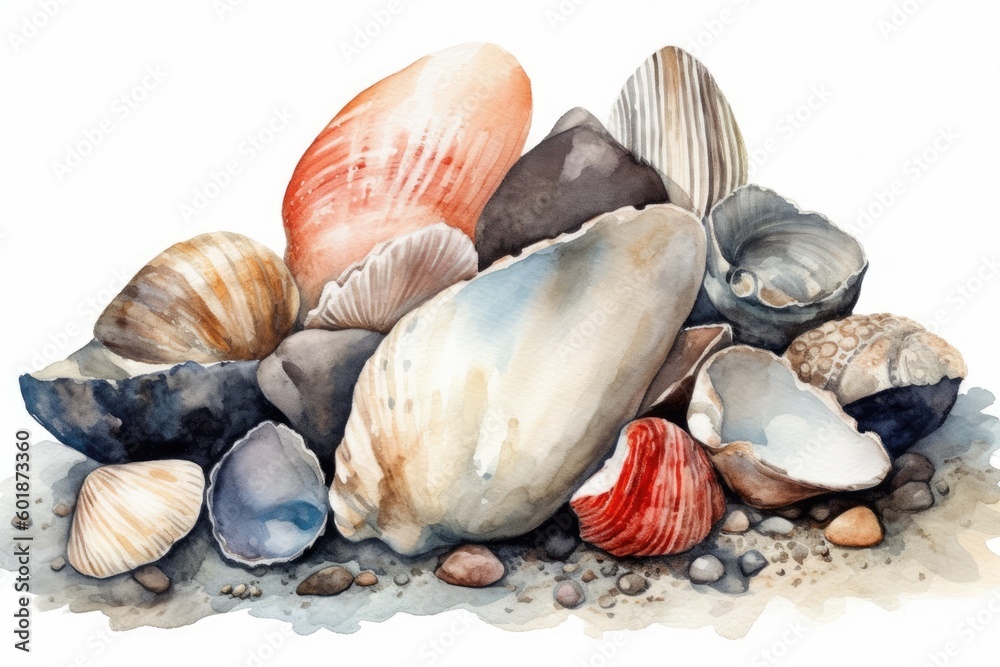 heap of colorful seashells on a sandy beach Generative AI