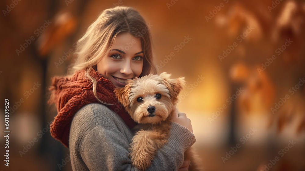 Autumn girl with dog. Illustration AI Generative