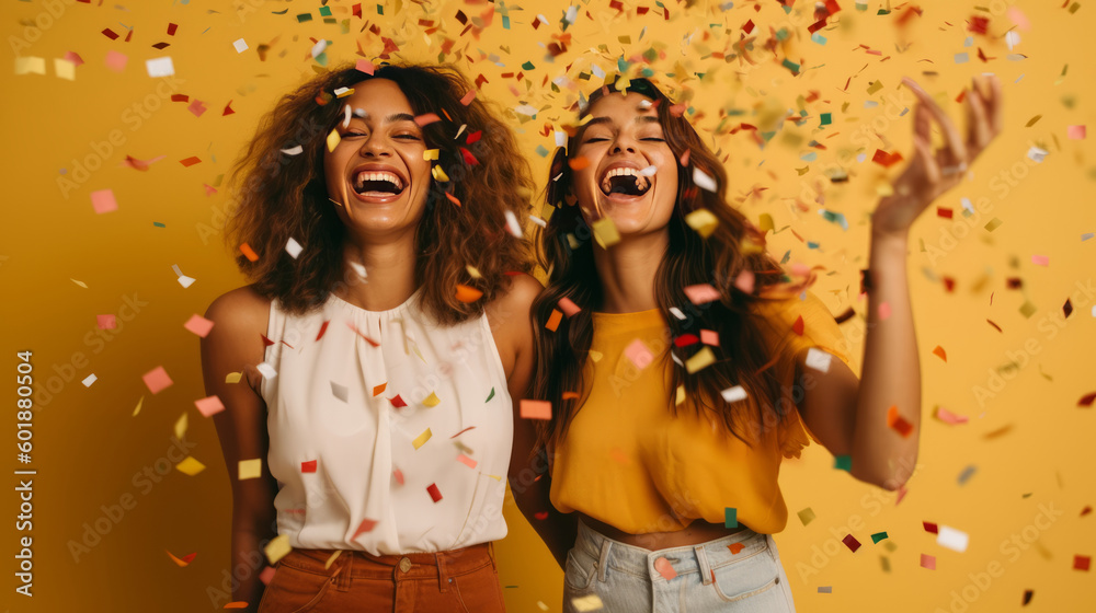 Happy girls with confetti. Illustration AI Generative.