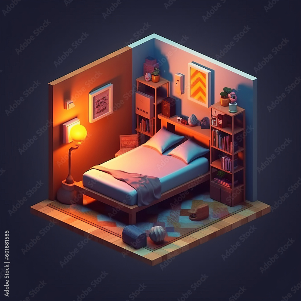 Small bedroom isometric. Illustration AI Generative.