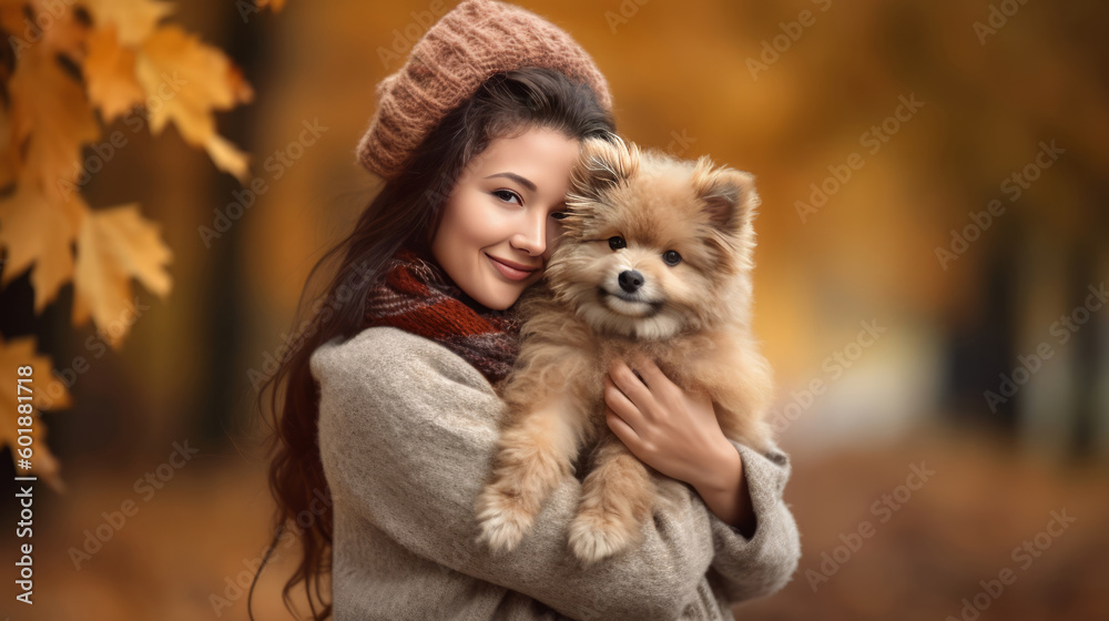 Autumn girl with dog. Illustration AI Generative