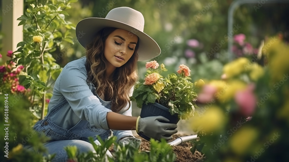 Woman planting flowers in garden. Illustration AI Generative