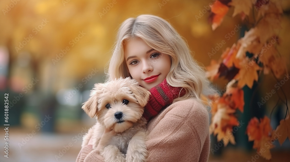 Autumn girl with dog. Illustration AI Generative