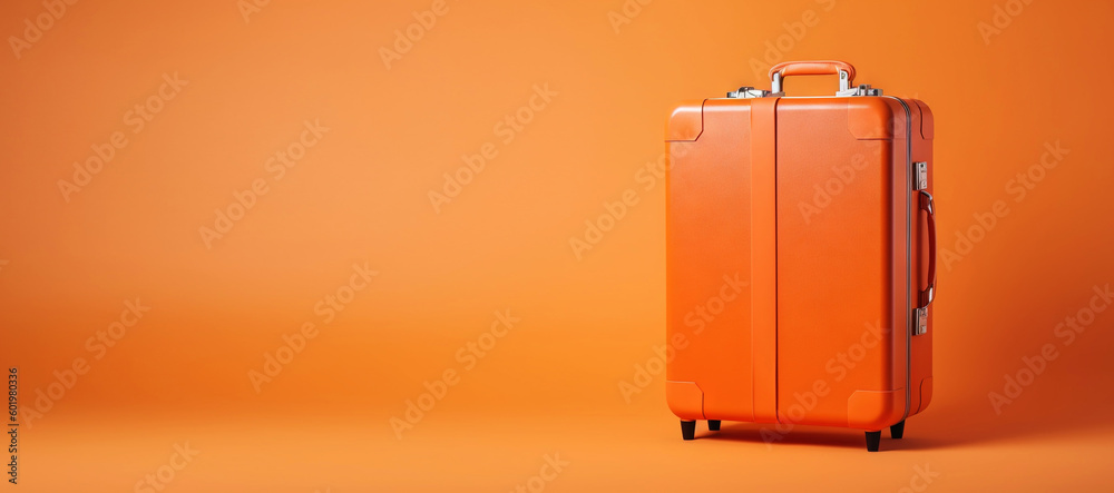 Orange travel suitcase, on orange background. Trip concept. Generative AI