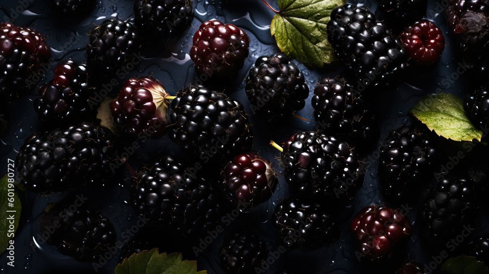 Fresh ripe blackberries with water drops background. Berries backdrop. Generative AI