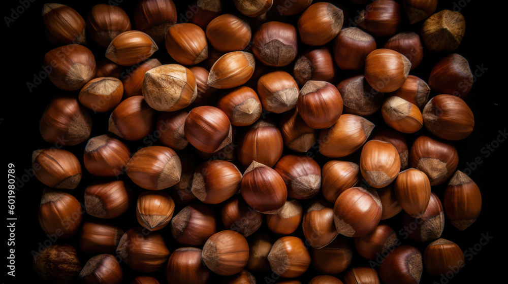 Large group og Hazelnuts. Food background. Generative AI