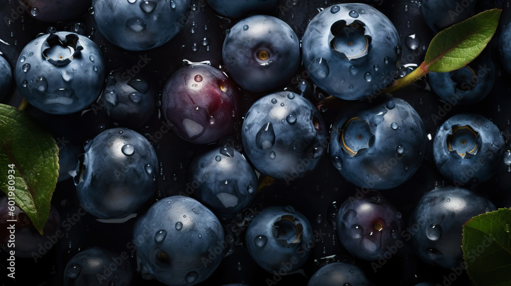 Fresh ripe blueberries with water drops background. Berries backdrop. Generative AI