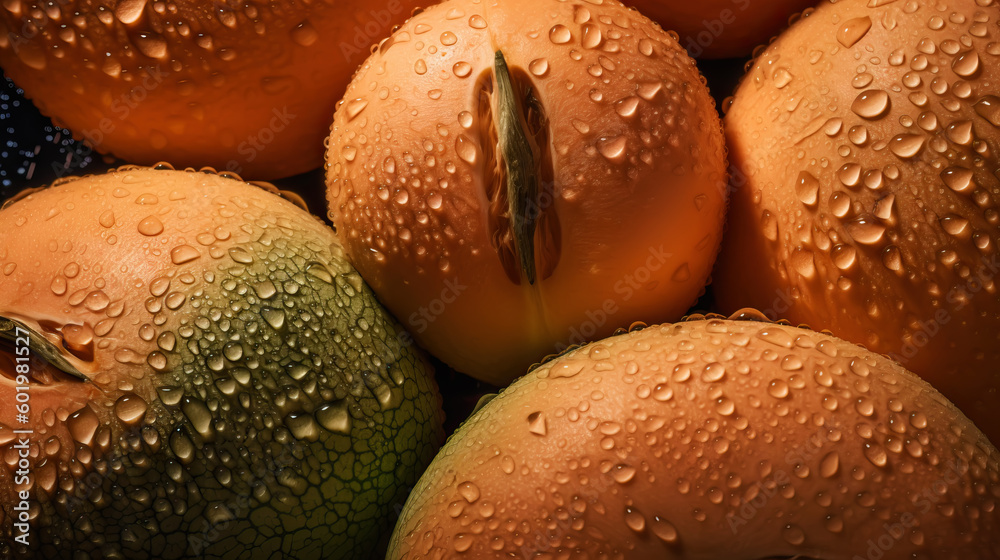 Fresh ripe cantaloupes with water drops background. Fruits backdrop. Generative AI