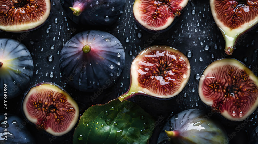 Fresh ripe figs with water drops background. Fruits backdrop. Generative AI