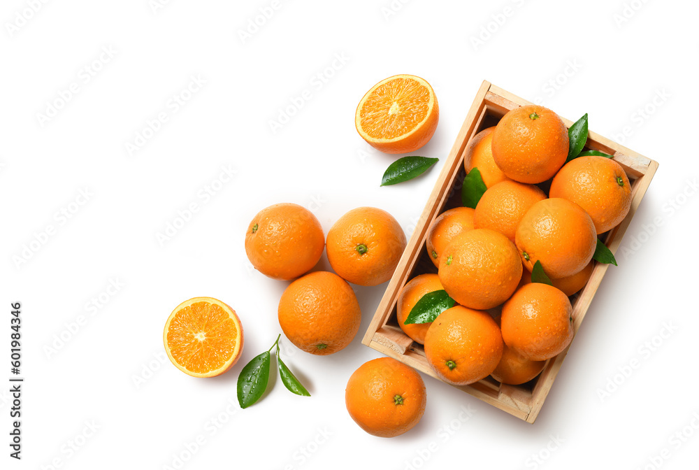 Top view of fresh oranges in wooden crate isolated on whitebackground.