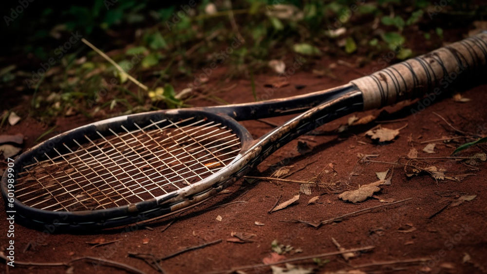 Old tennis racket on the ground in the forest. Generative AI.