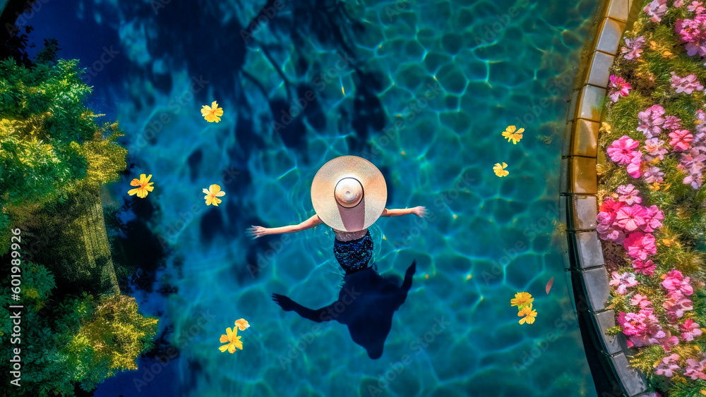 Aerial view of a woman in a hat floats in a pool of water with flowers floating on the water. Genera