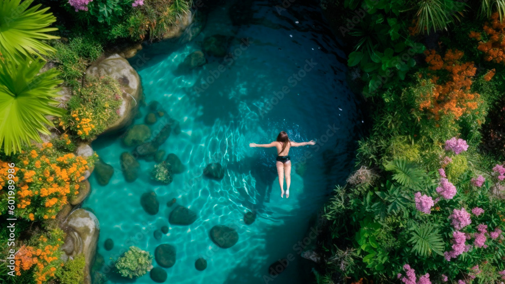 Aerial view of woman in black bikini swimming in crystal clear turquoise water of tropical garden. G