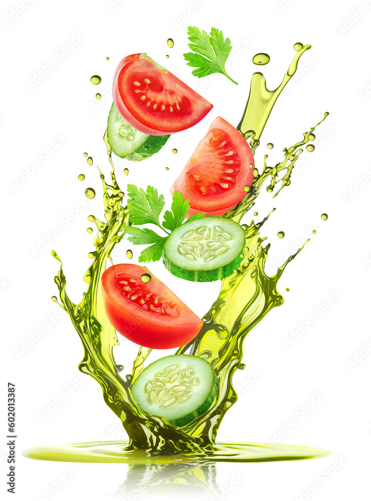 Fresh salad ingredients, slices of cucumber and tomato levitating in splash of olive oil isolated on