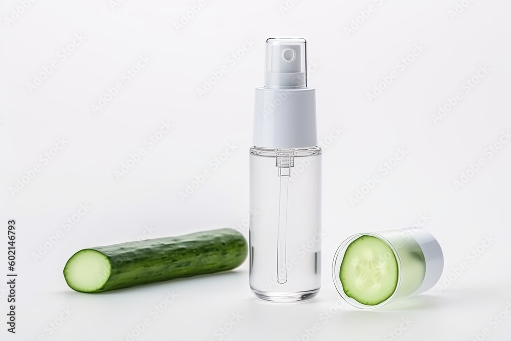 cucumber and a glass bottle with dropper on a white background Generative AI