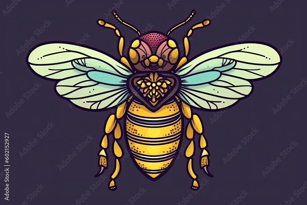 yellow and blue bee on a black background Generative AI