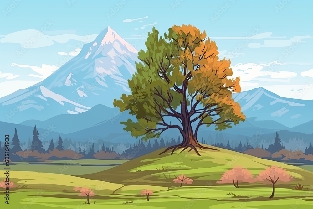 majestic tree on a hill with a scenic mountain landscape in the background Generative AI