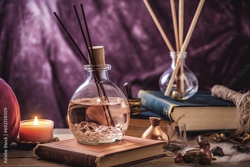 cozy reading nook with a candle and books on a table Generative AI