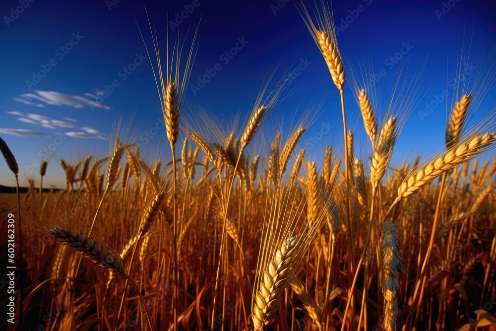 golden wheat field under a clear blue sky Generative AI