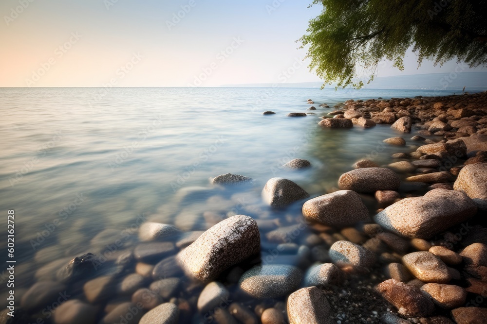 tranquil beach with a lone tree standing on the rocks in the foreground Generative AI