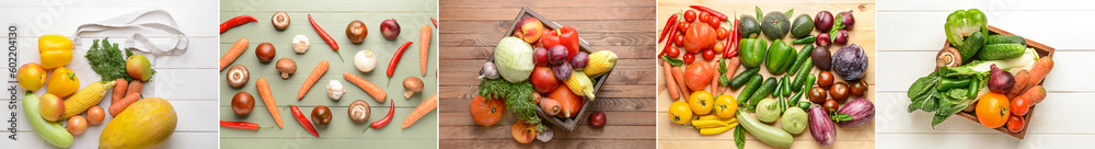 Collage with different ripe vegetables and fruits, top view