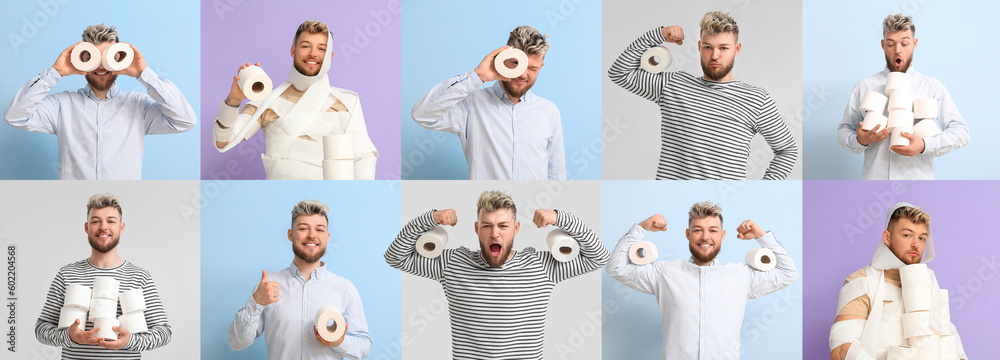 Collage of young man with many rolls of toilet paper on color background