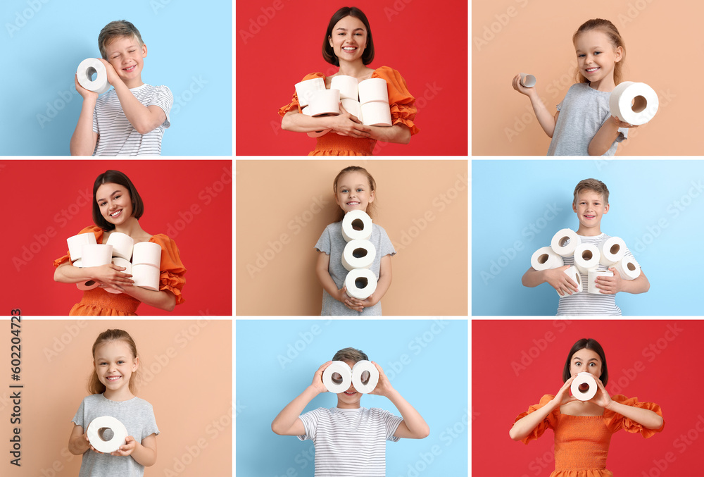 Set of people with rolls of toilet paper on color background