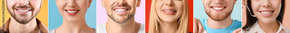 Collage of many people with healthy teeth, closeup