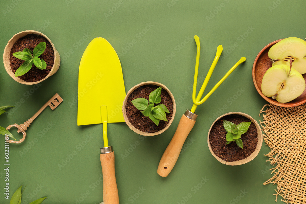 Peat pots with green seedlings, shovel and rake on green background