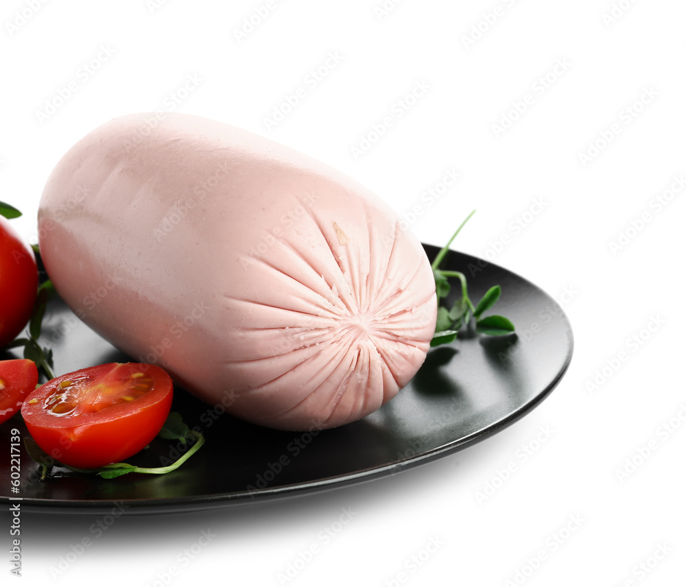 Plate with tasty boiled sausage and fresh tomatoes on white background, closeup