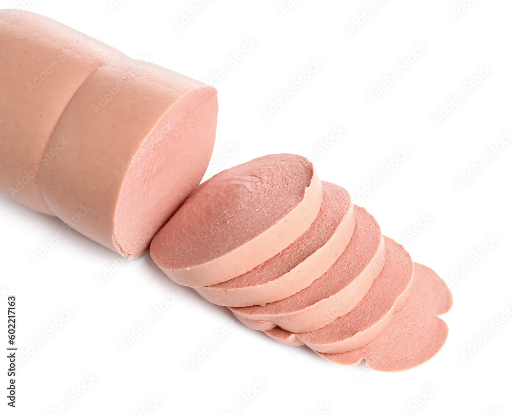 Tasty sliced boiled sausage on white background, closeup