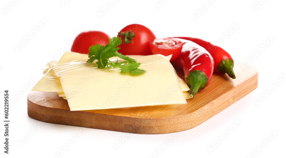 Board of tasty processed cheese with tomatoes and chilli on white background